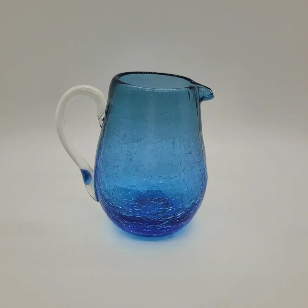 Vintage Blue Crackle Glass Pitcher Small Handblown Creamer with Clear Handle 4